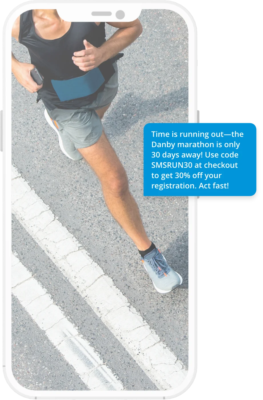 Smartphone displaying SMS sample message:
