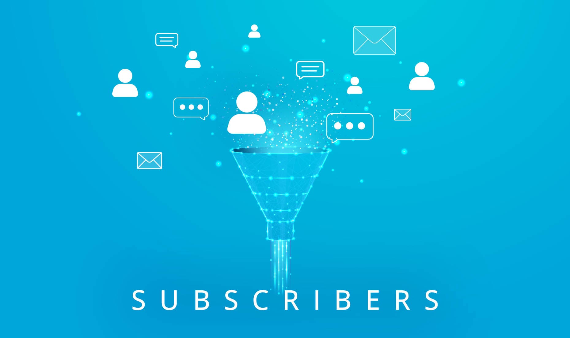 A sleek, glowing funnel with contacts (icons like people, phones, or email envelopes) seamlessly flowing into a Subscribers bucket