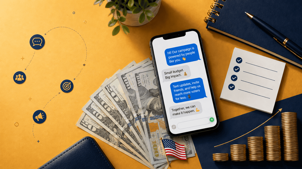 A political campaign text conversation on a phone — “Small budget. Big impact.” — beside a fan of U.S. hundred-dollar bills, a checklist, and rising stacks of coins