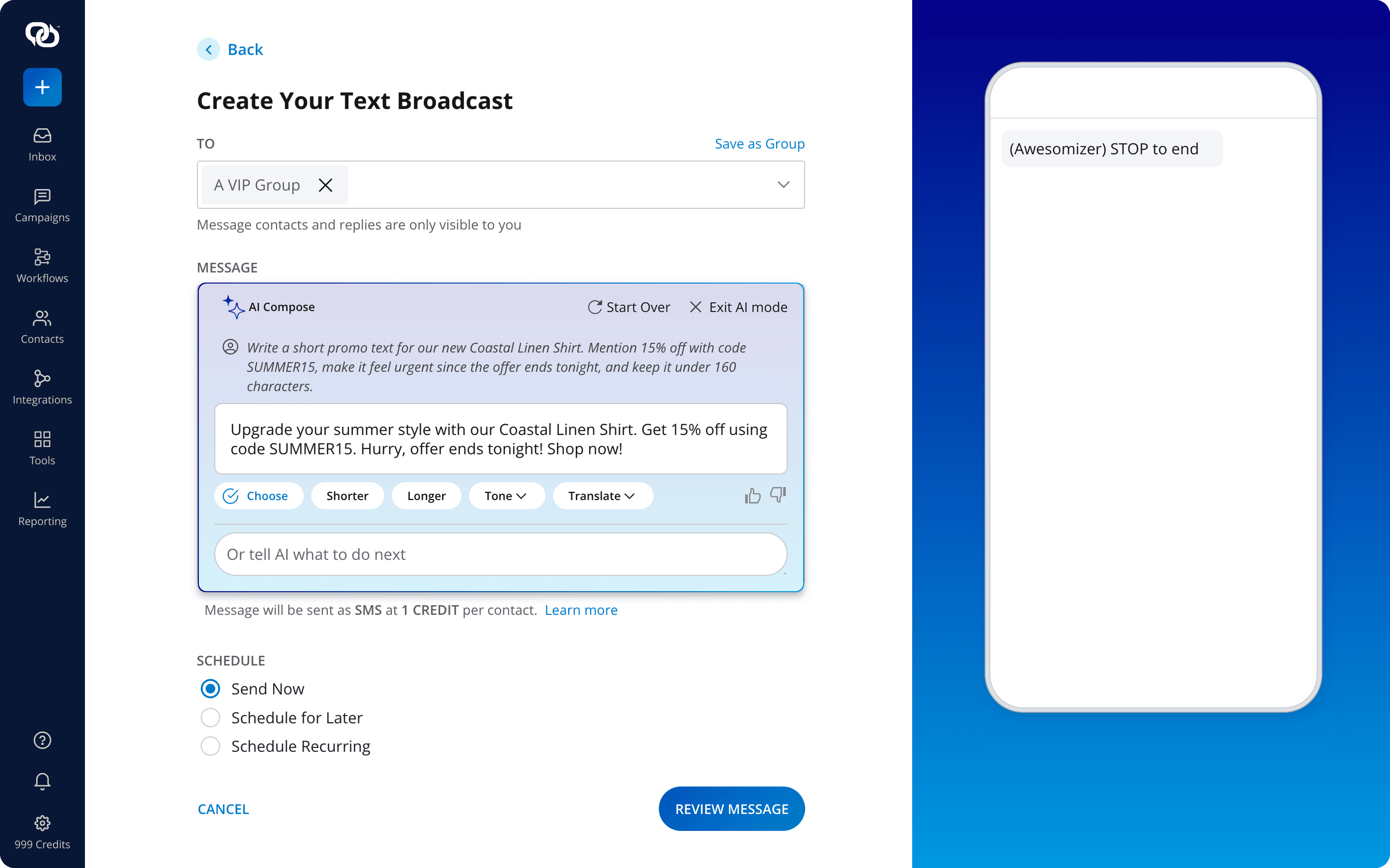 EZ Texting Create Your Text Broadcast screen composing a promotional SMS to a targeted customer group with scheduling options