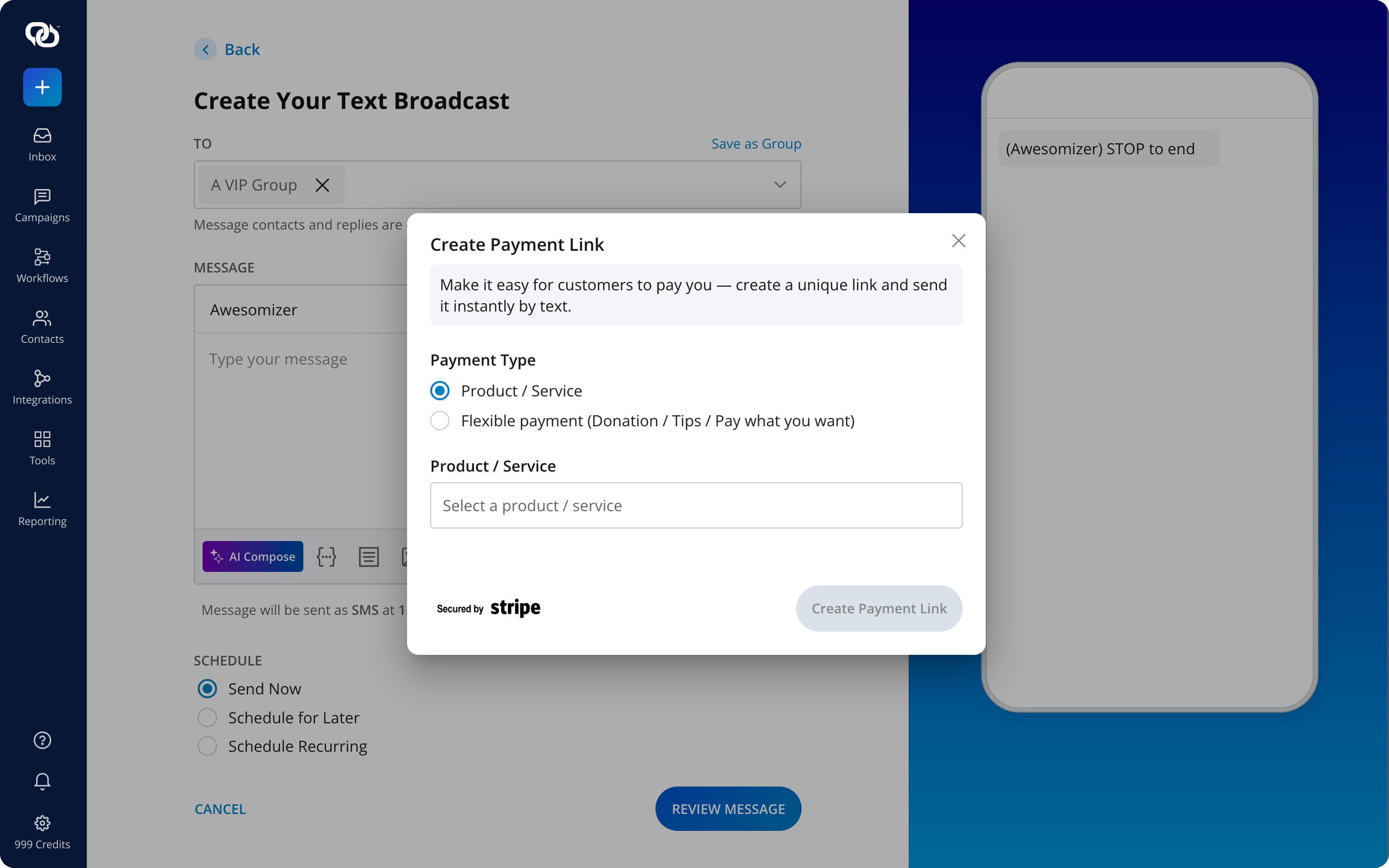 EZ Texting Create Payment Link screen, secured by Stripe