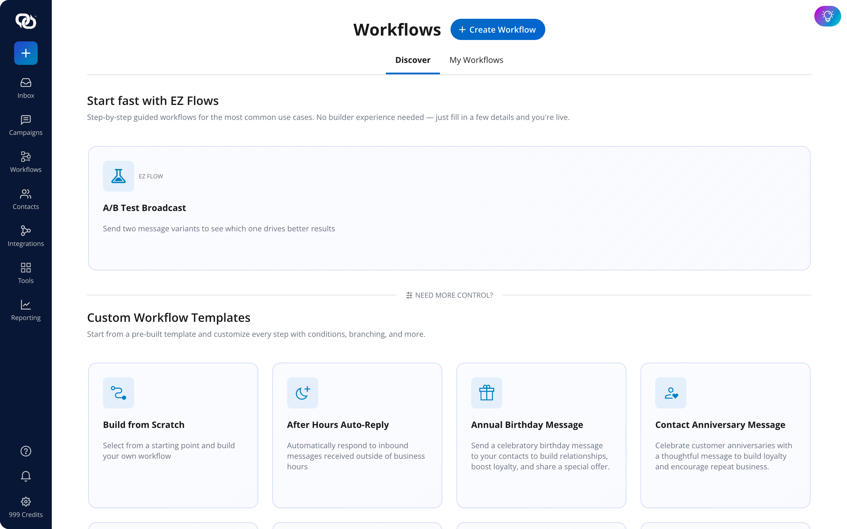 EZ Texting Workflows screen showing automated SMS flows triggered by store actions such as sign-ups and abandoned carts