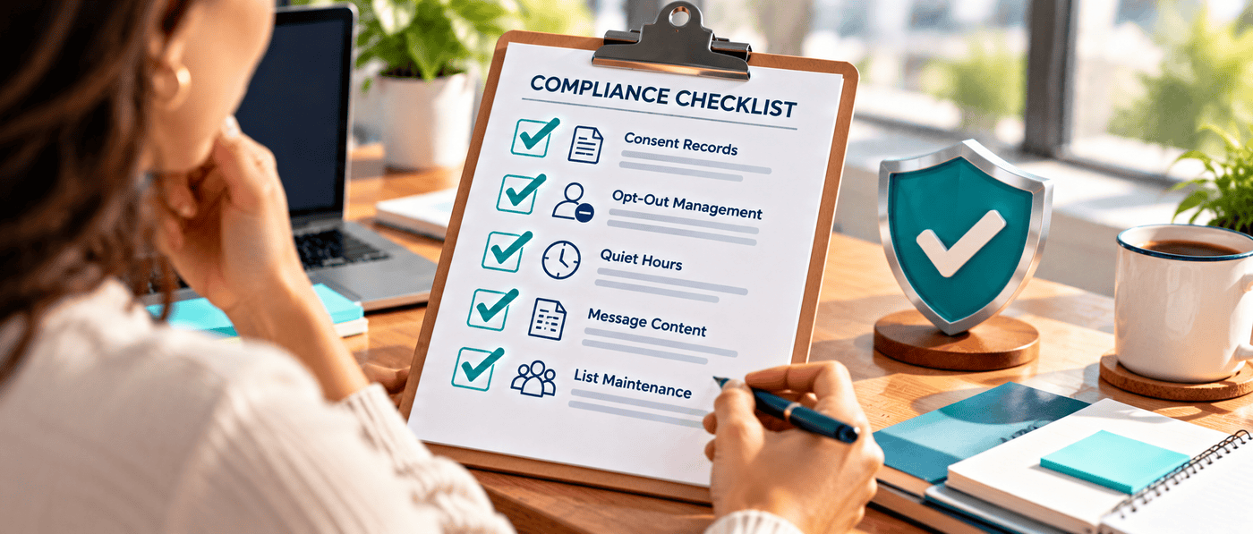 SMS compliance checklist: consent records, opt-out management, quiet hours, message content, and list maintenance