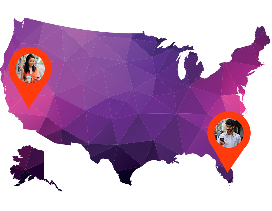 Illustration of the United States. In one state, a voter is receiving a text (looking at their phone), while in another state, another voter is receiving a text (looking at their phone)