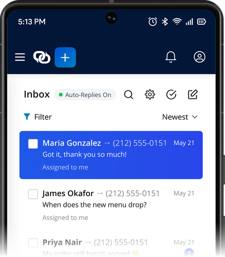 The EZ Texting shared inbox on an Android phone, with unread replies at the top
