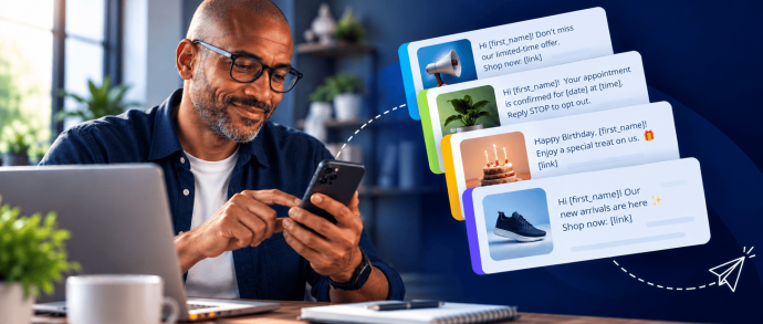 Business owner picking a ready-to-use SMS marketing template on a phone and sending it, with promo, appointment, birthday, and new-arrivals message examples