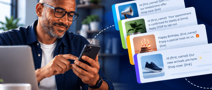 Business owner picking a ready-to-use SMS marketing template on a phone and sending it, with promo, appointment, birthday, and new-arrivals message examples