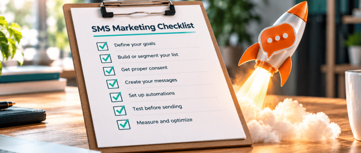 Illustration of a completed SMS marketing checklist with green checkmarks, ready to launch