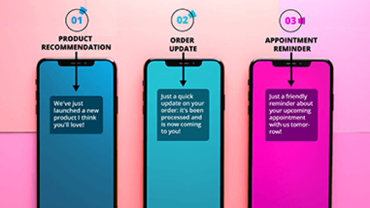 Illustration of smartphones displaying various texts: product recommendation, order update, appt reminder