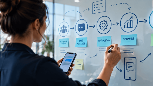 Blueprint-style illustration of an SMS marketing strategy plan with connected campaign steps