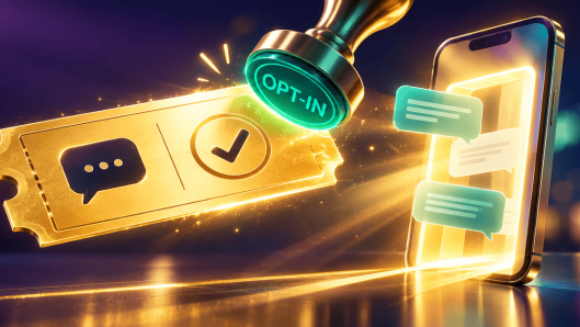 Illustration of a glowing golden opt-in permission ticket unlocking a smartphone, representing TCPA text-message consent