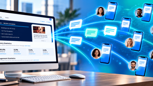 EZ Texting campaign dashboard on a desktop computer sending a mass text to a network of phones