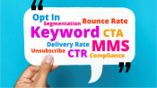 Illustration of hands holding up a sign with several text marketing terms