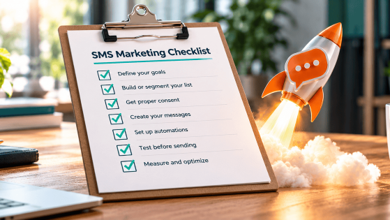 Illustration of a completed SMS marketing checklist with green checkmarks, ready to launch